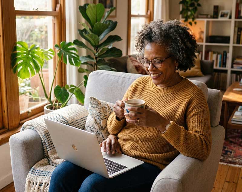 a woman of color drinking coffee in front of a labtop